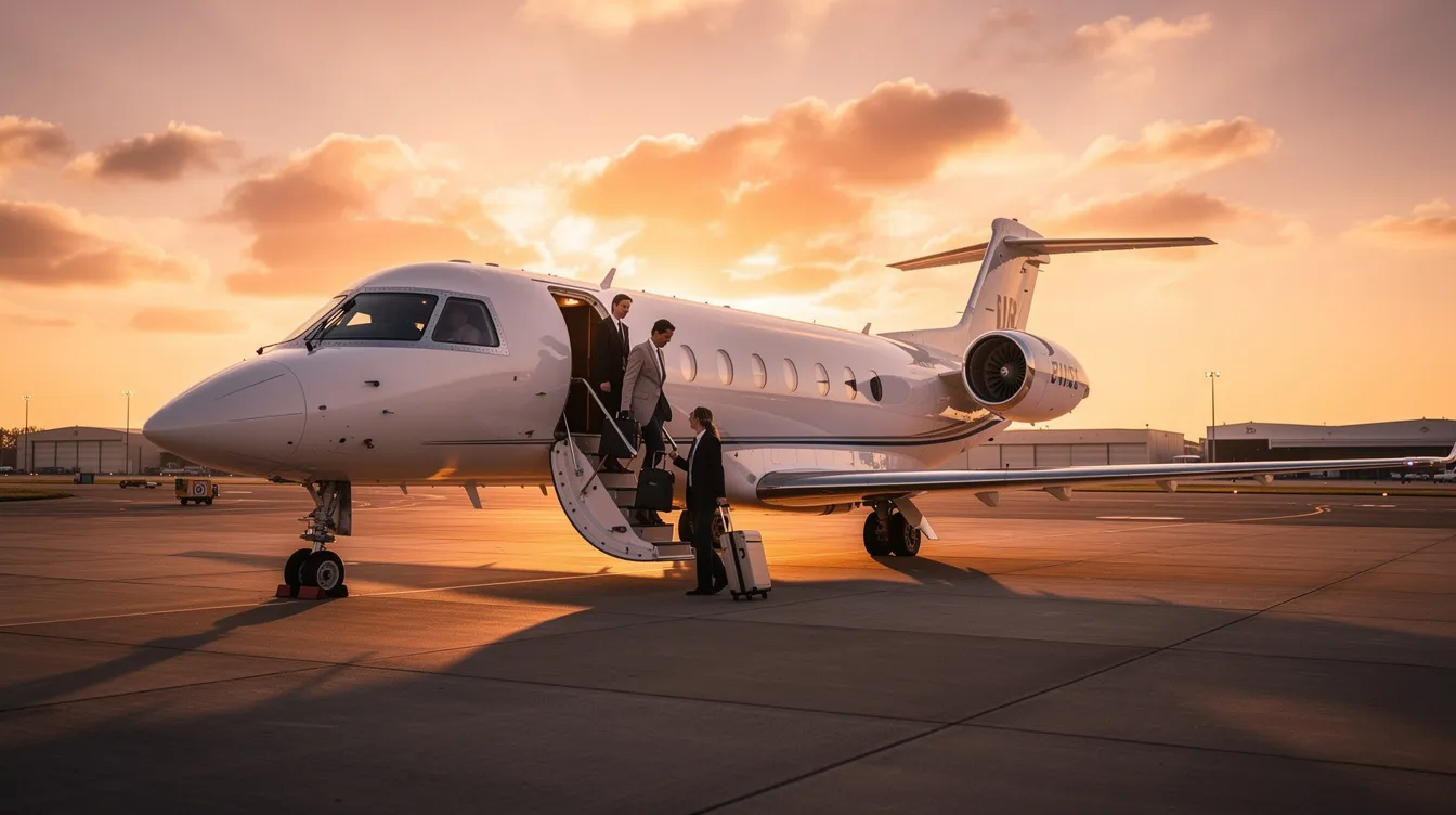 A small private jet is parked on the tarmac at sunset, with passengers boarding the aircraft, ready to embark on their journey. This scene captures the essence of luxury travel and the excitement of flying, perfect for those looking to find cheap flights or compare prices for their next adventure.