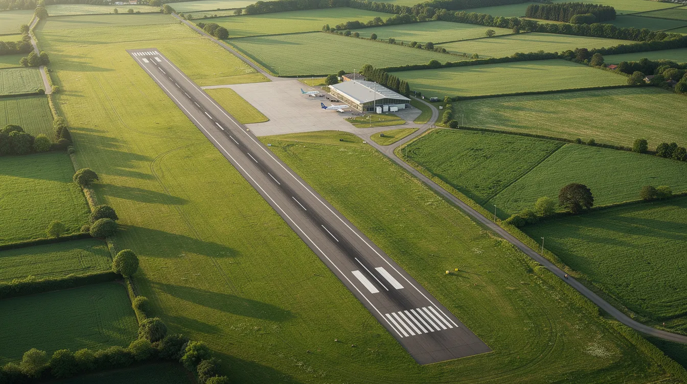 An aerial view of a small regional airport runway is depicted, surrounded by lush green countryside, highlighting the serene environment where travelers can find cheap flights and explore various destinations. The image captures the essence of a peaceful travel hub, ideal for planning budget-friendly trips.