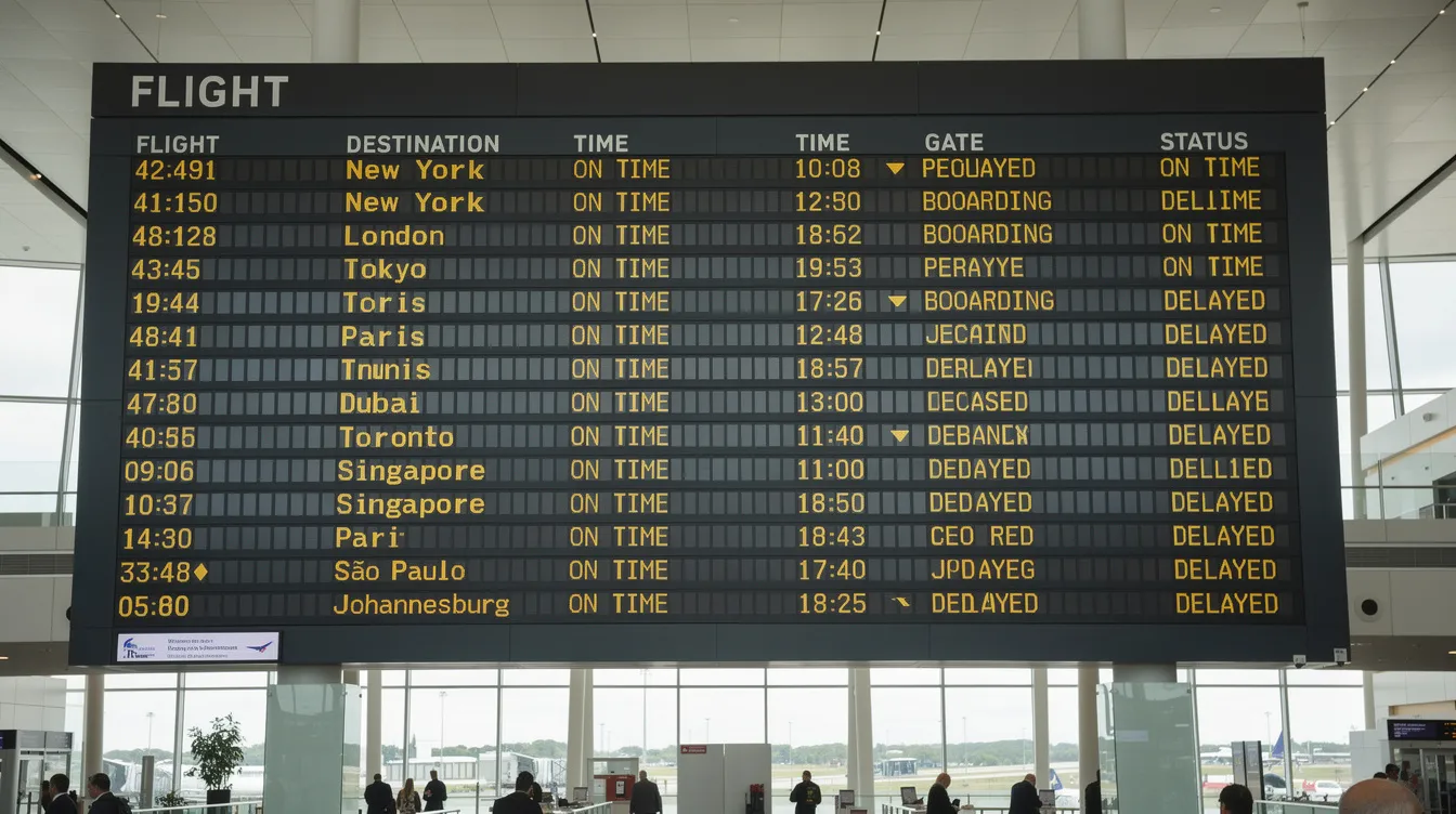 The image depicts an airport departure board displaying various international flight destinations, with information on flight times and status updates. It serves as a useful tool for travelers looking to book flights and find cheap airfare options to their desired locations.