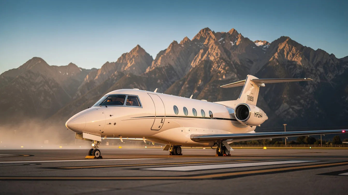A sleek midsize private jet is positioned on a runway, surrounded by majestic mountains in the background, suggesting an ideal setting for travelers looking to book flights for international travel or business trips. This image evokes a sense of luxury and convenience, perfect for those considering purchasing airline tickets for their next adventure.