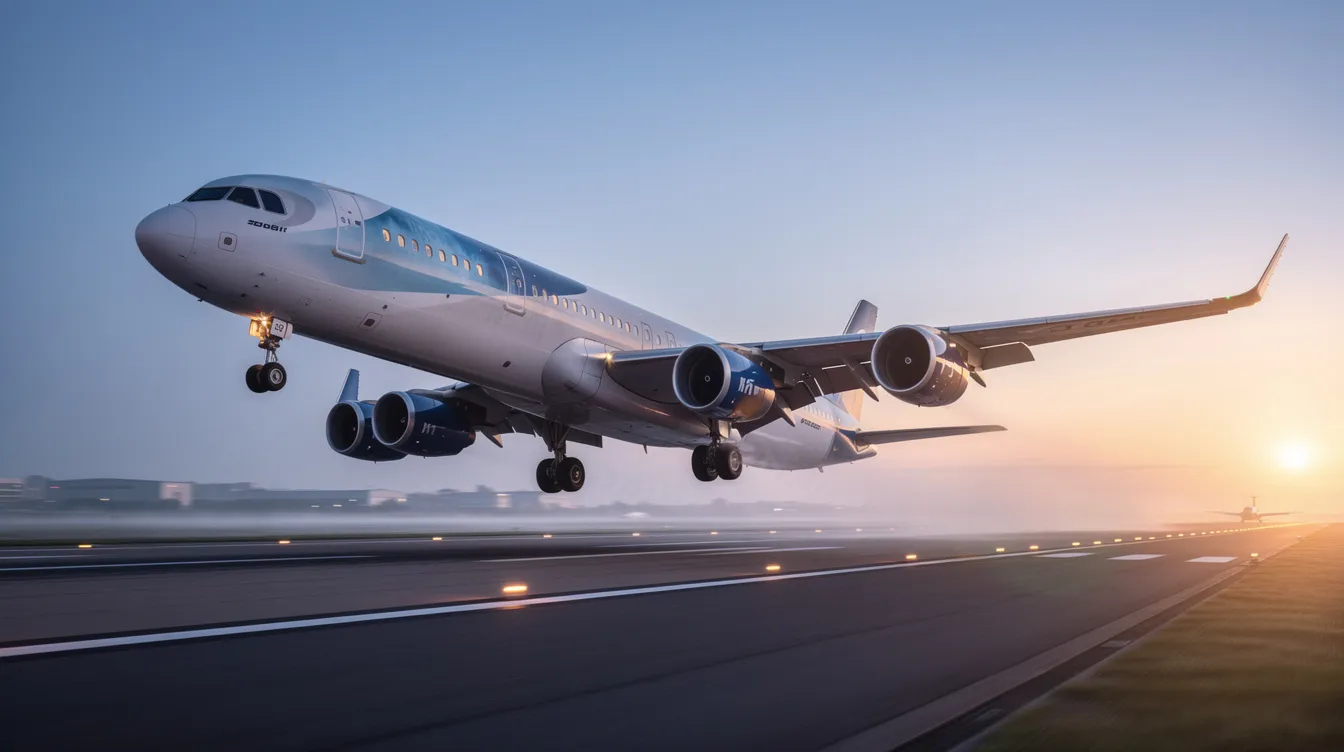A commercial airplane is taking off from a runway bathed in the soft light of early morning, symbolizing the start of a journey for travelers seeking cheap flights to their destination. The scene captures the excitement of air travel, highlighting the best time to book last minute flights for upcoming trips.