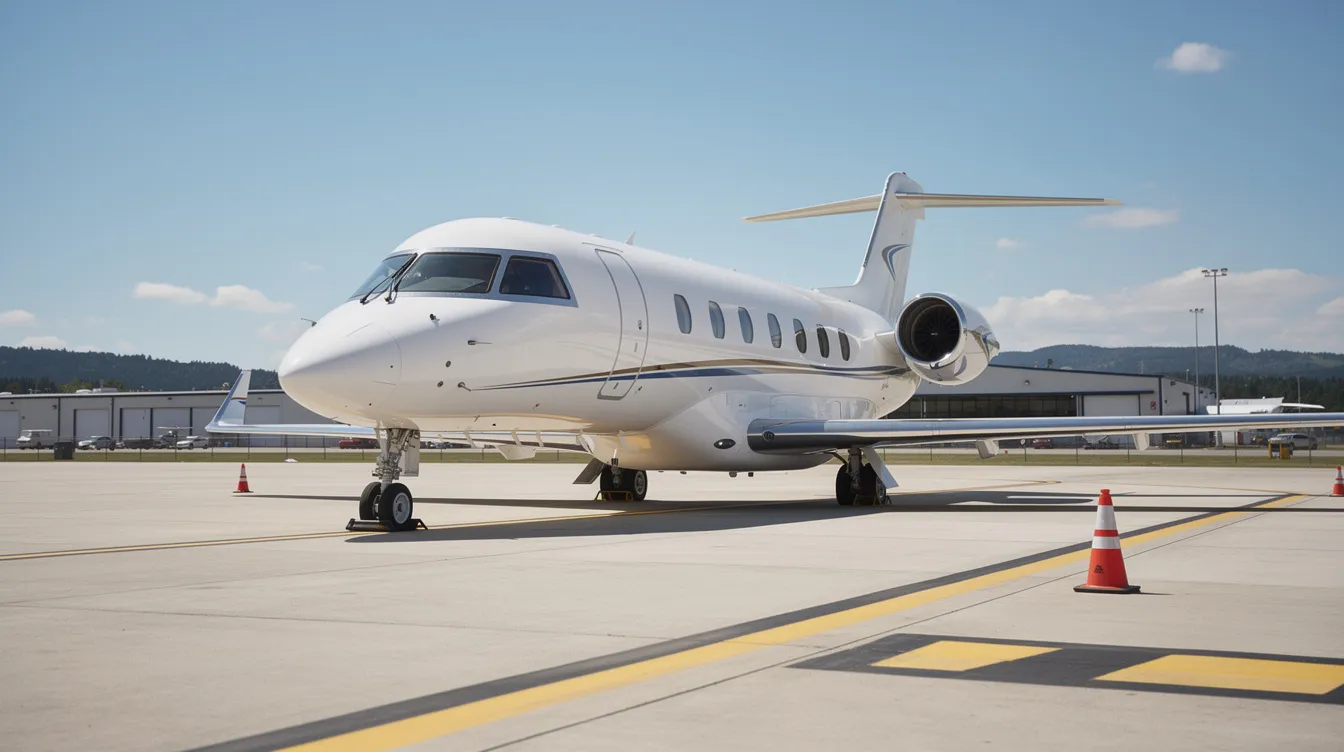 A sleek private jet is parked on the tarmac at a small regional airport under a clear blue sky, symbolizing luxury travel and the convenience of last minute flights. This scene captures the essence of flying to a particular destination with ease and style, perfect for travelers looking for the best deals on airline tickets.