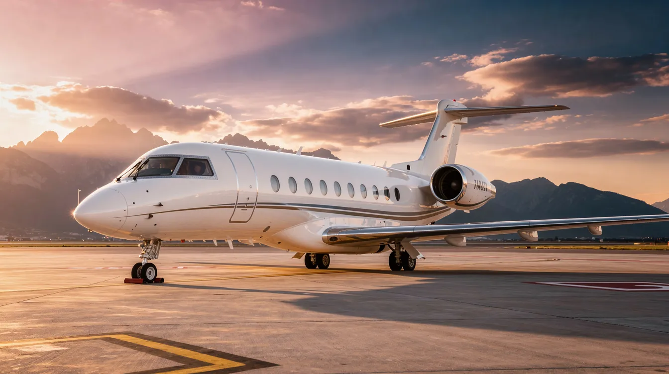 A sleek private jet is parked on a tarmac with majestic mountains in the background, illuminated by the warm hues of sunset. This luxurious scene evokes the excitement of travel, perfect for those considering Costco travel packages for their next trip to featured destinations like Hawaii or Costa Rica.