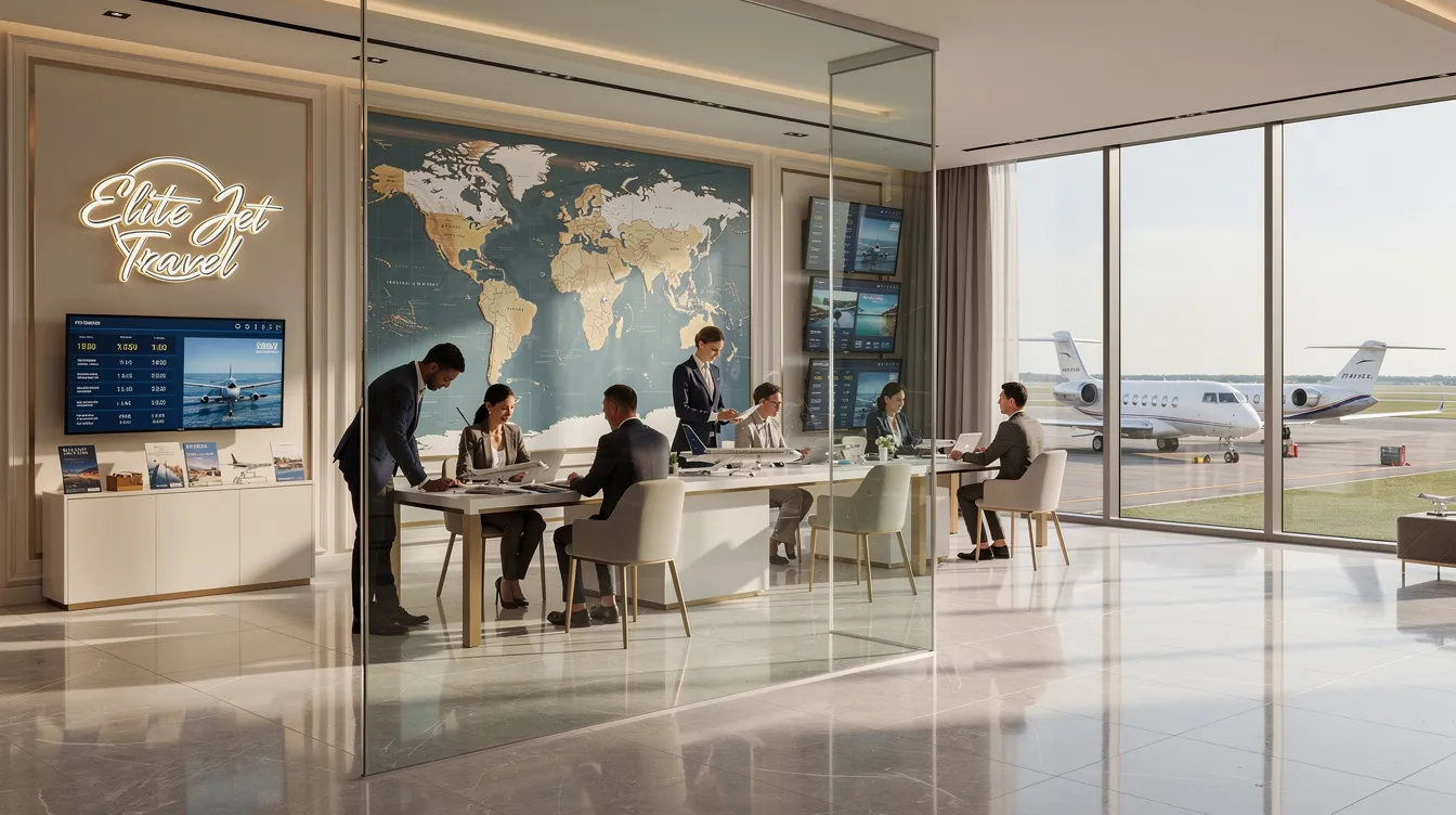 The image depicts a travel agent's office with various airline jets displayed on a digital screen, showcasing the expertise of travel advisors in planning trips. This environment highlights the tools and resources available for travelers to book their next vacation, emphasizing the support and services provided by travel agencies.