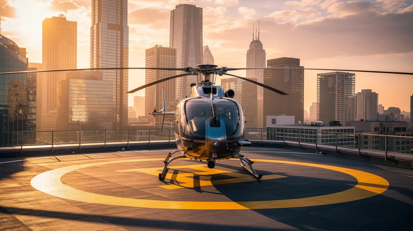 A private helicopter is parked on a rooftop helipad, offering breathtaking views of a modern city skyline bathed in the warm glow of golden hour. This scene captures the essence of adventure and luxury, perfect for those seeking unforgettable experiences and scenic flights over iconic landmarks.