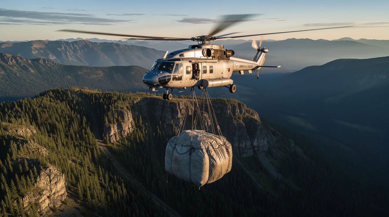 A Chinook helicopter, specifically a CH-47 model, is seen carrying a heavy external load suspended by cables over a lush, forested mountain landscape. This aerial operation showcases the aircraft's capabilities often utilized by commercial operators and military services for tasks like disaster relief and construction.