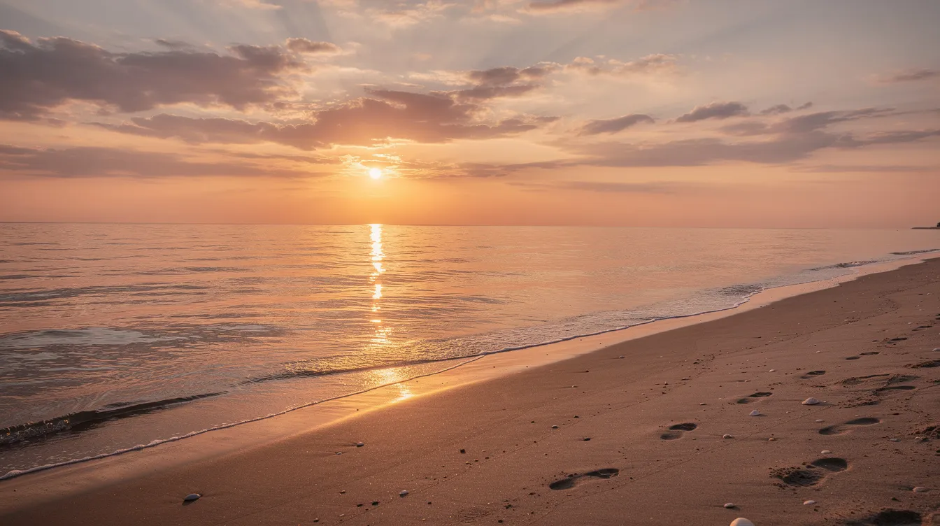 A stunning golden sunset casts a warm glow over the calm ocean water at Myrtle Beach, with a sandy beach stretching into the distance, creating a picturesque scene perfect for a relaxing evening. This tranquil view highlights the beauty of the Grand Strand, inviting guests to enjoy the area's natural splendor.