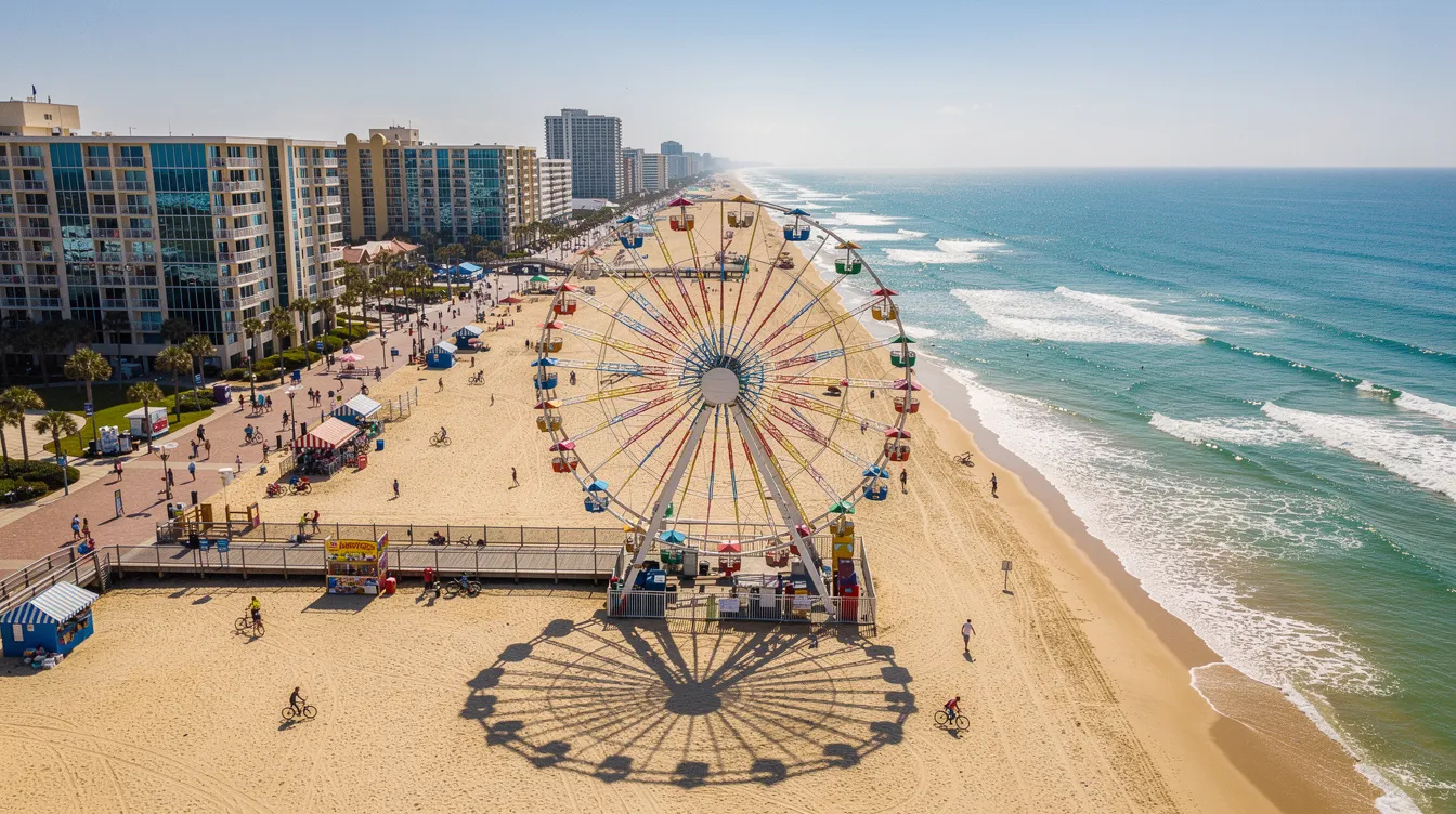 An aerial view captures the vibrant Myrtle Beach boardwalk featuring a large Ferris wheel, with hotels lining the shoreline and the ocean stretching out in the background, showcasing the perfect tour for guests seeking adventure in SC. This bird's eye view highlights the fun and excitement of the Grand Strand area, ideal for families and groups enjoying their time at the beach.