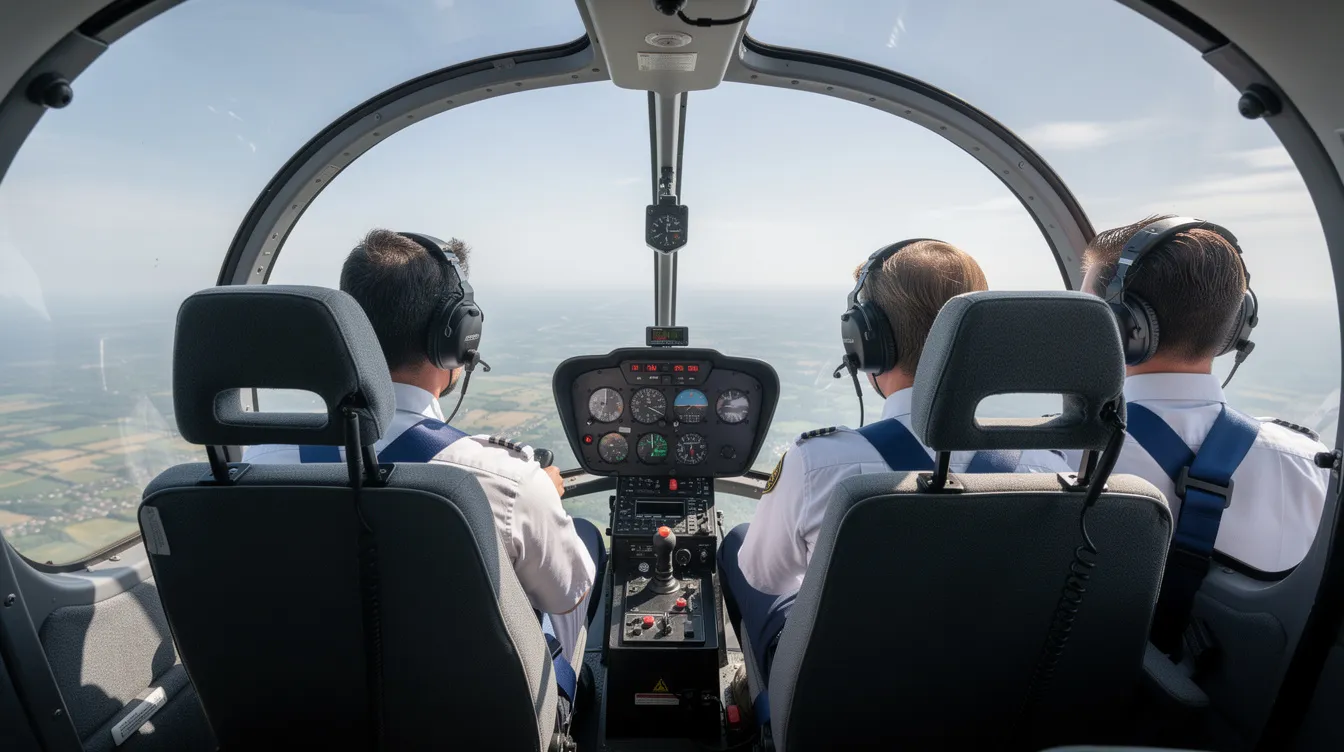 The image shows the interior of a small helicopter cockpit, specifically the Robinson R44 Raven II, featuring four seats and large bubble windows. Passengers are wearing aviation headsets, ready for flight, while the pilot operates the controls, highlighting the aircraft's functionality and design.