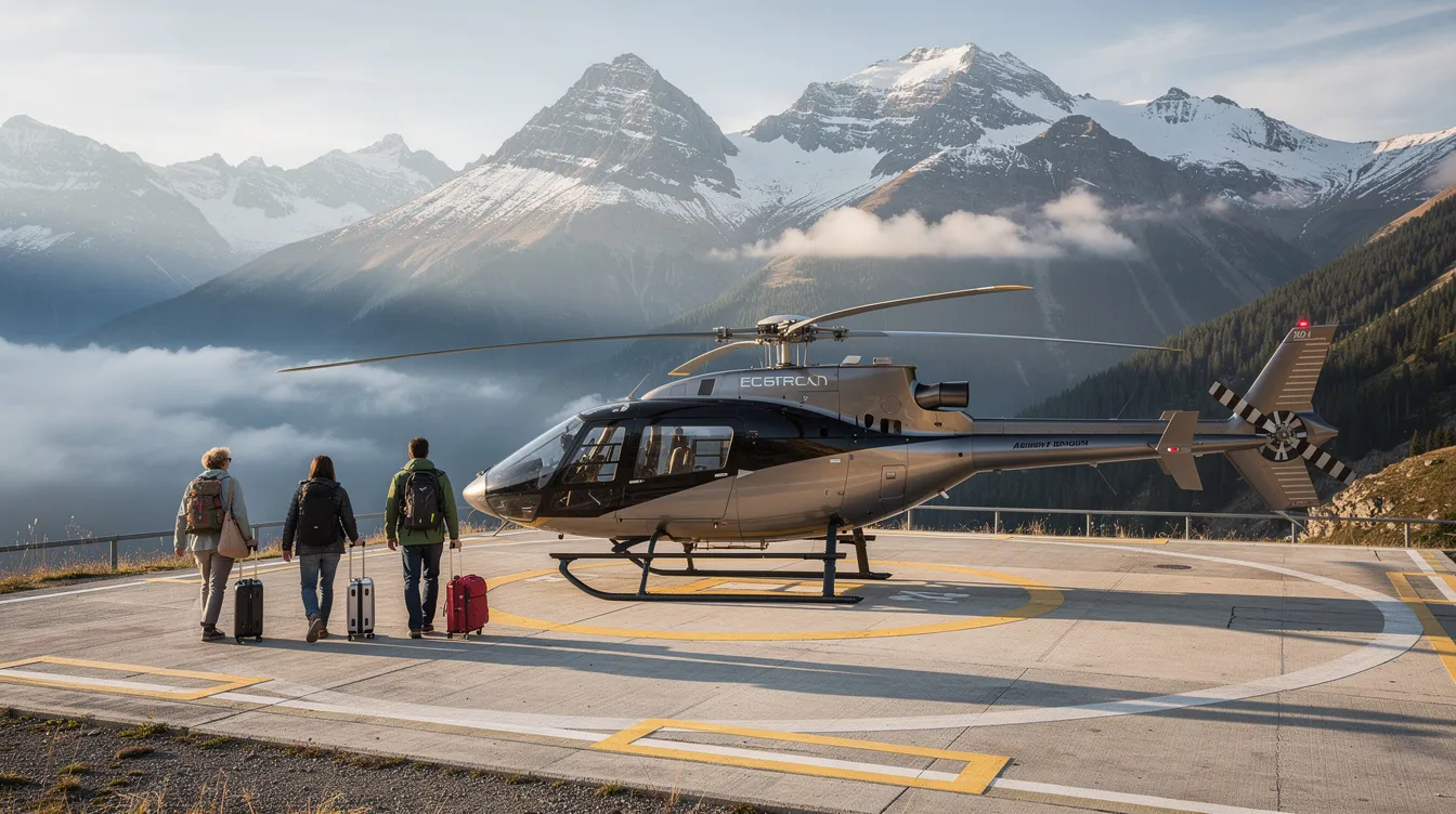 A Robinson R44 Raven II helicopter is parked on a small mountain helipad, with two passengers approaching it while carrying small bags. The scenic backdrop features rugged terrain, and the aircraft is equipped for efficient flight operations, showcasing its sleek design and performance capabilities.