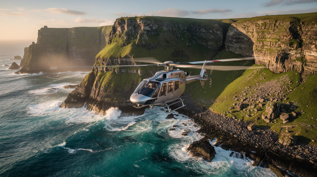 A Robinson R44 Raven II helicopter is flying along a dramatic coastline, with vibrant blue water below and lush green cliffs rising in the background. The aircraft showcases its impressive cruise speed and improved altitude performance as it navigates the scenic landscape.