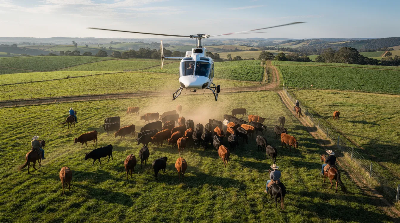 A small white Robinson R22 helicopter is flying low over lush green farmland, actively participating in a cattle mustering operation. The aircraft's aerodynamic fuselage optimizes airspeed and fuel economy, while its two-bladed main rotor and robust airframe contribute to its efficient performance in the field.