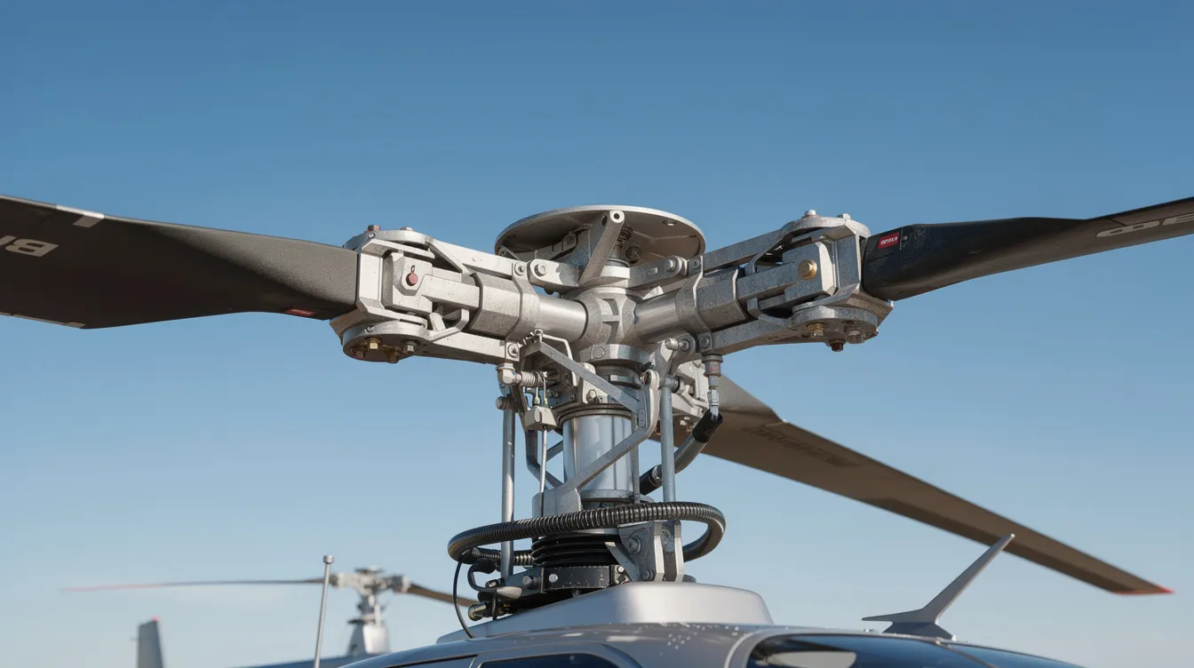 A close-up view of a two-bladed main rotor hub of a Robinson R22 helicopter is set against a clear blue sky, showcasing the rotor system's aerodynamic design. The image highlights the rotor blades and their connection to the robust airframe, emphasizing the helicopter's performance capabilities.
