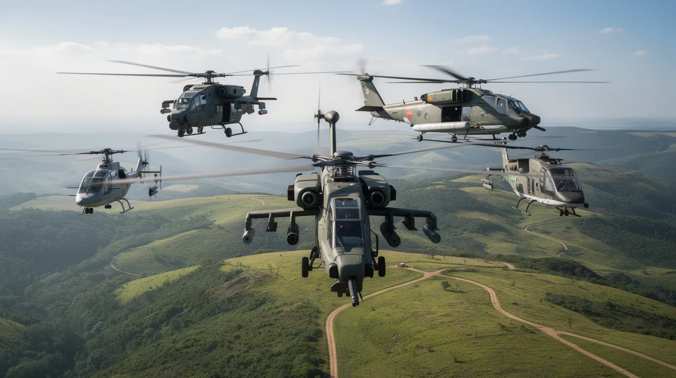 A formation of various military helicopters, including the AH-64 Apache, is flying over lush green hills, showcasing their advanced attack capabilities and air cover potential. The scene highlights the impressive design of these military aircraft as they maneuver in a combat environment, representing the strength of the US Armed Forces.