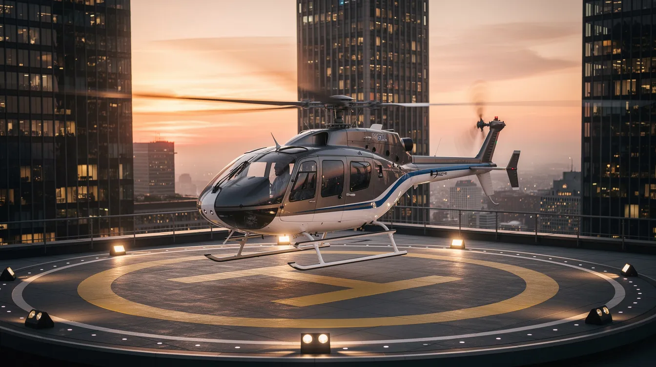 A sleek civilian helicopter is gracefully landing on a rooftop helipad, surrounded by a modern city skyline featuring tall buildings and a clear blue sky. The scene captures the contrast between the advanced aircraft and the urban environment, showcasing the helicopter's design and the bustling city below.