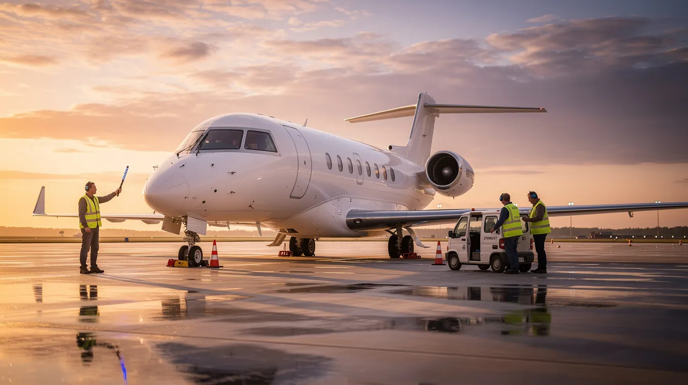 A sleek business jet is parked on a tarmac at sunset, casting a golden glow on the ground crew nearby as they prepare for the next flight. This scene captures the essence of aviation careers, highlighting the teamwork involved in ensuring safe operations, much like the roles of airline and commercial pilots in the airline industry.