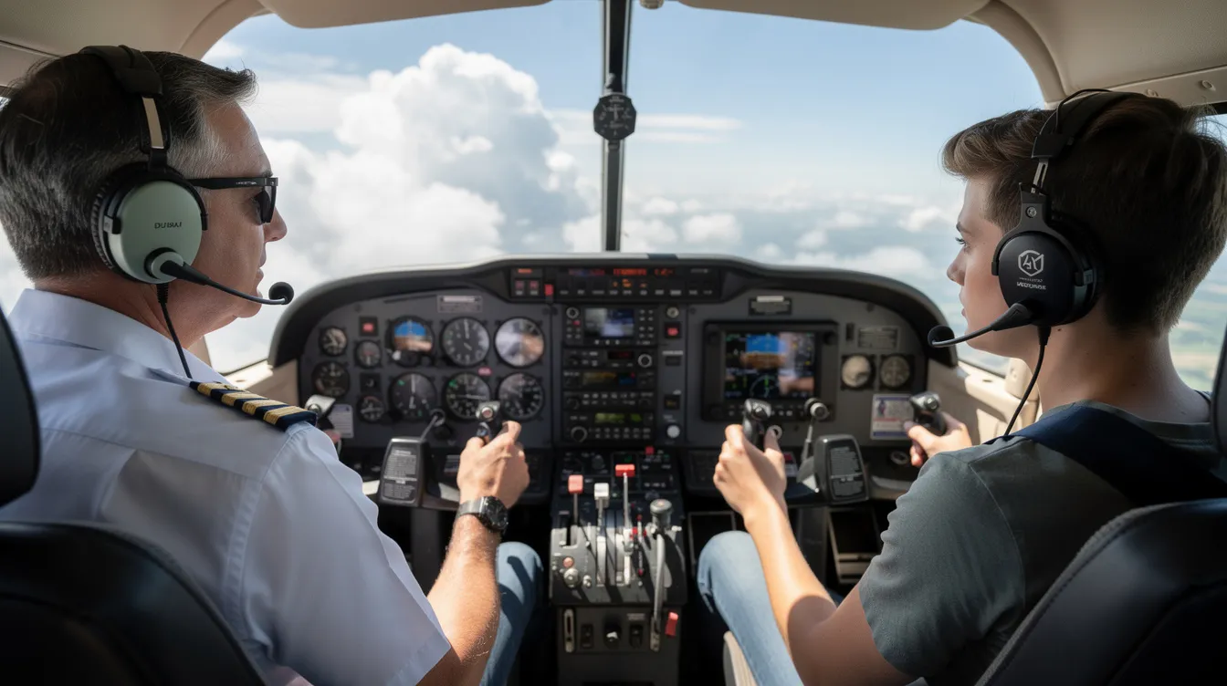 The image shows a flight instructor and a student pilot seated in the cockpit of a small training aircraft, engaged in flight training. This scene highlights the relationship between certified flight instructors and aspiring pilots as they prepare for a rewarding career in aviation.