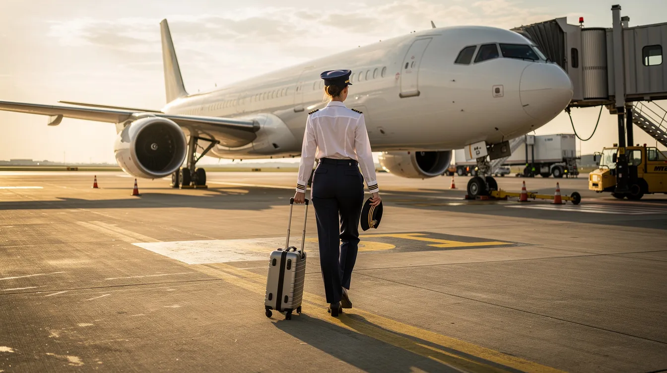 A young pilot strides confidently across the tarmac towards a large commercial airplane, symbolizing the beginning of a rewarding career in aviation. This scene reflects the daily life of airline pilots, who often enjoy competitive salaries and benefits as they navigate their flight paths.