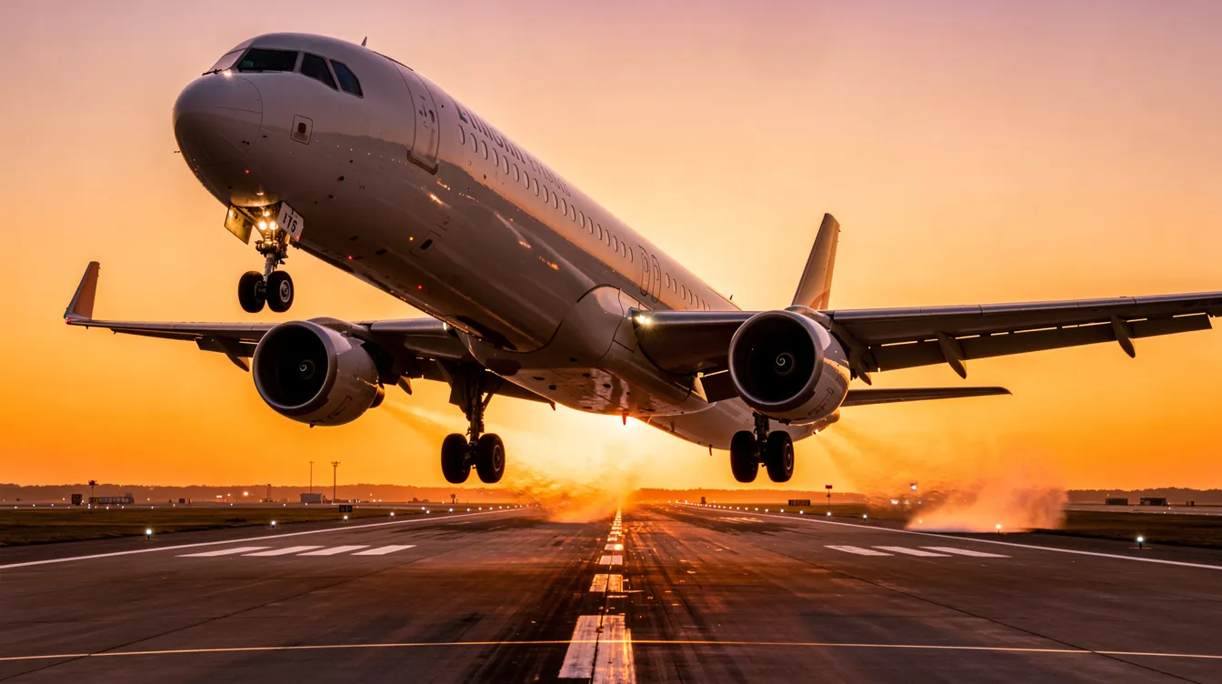 A large commercial airplane is taking off from a runway at sunset, with a vibrant orange sky in the background. This scene captures the excitement of airline pilots as they embark on their flight, highlighting the rewarding career opportunities within aviation, including the competitive airline pilot salary and the various routes flown by commercial pilots.
