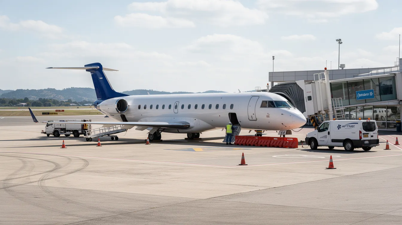 A small regional jet is parked at a gate in a regional airport terminal, ready for boarding. This setting reflects the aviation careers of airline pilots, including regional first officers and experienced pilots, who often start their journey in smaller aircraft before advancing to major airlines.