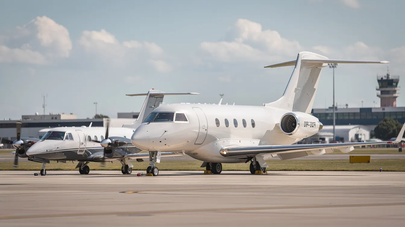The image shows three private jets of varying sizes parked on an airport apron, illustrating the size comparison from a small turboprop to a large heavy jet. This scene highlights the luxury options available for travelers, including various class flights that cater to different travel needs.