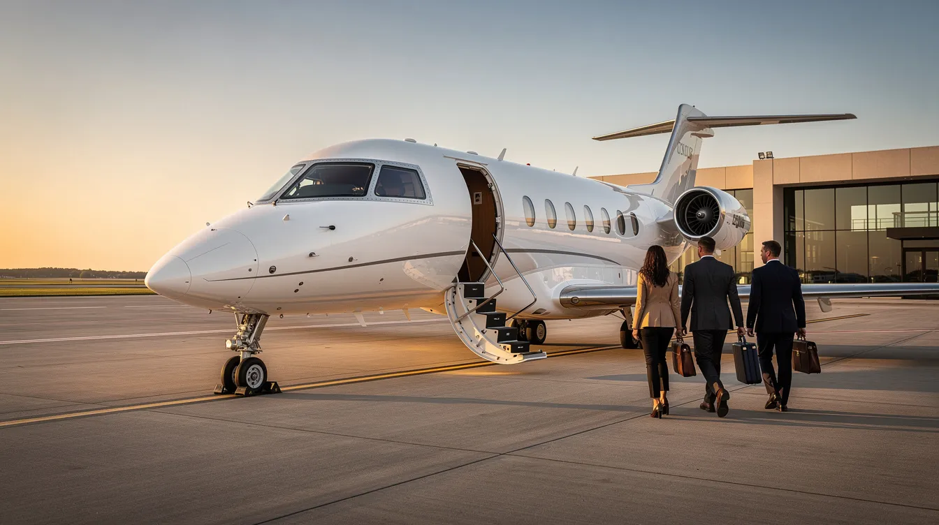 A sleek light jet is parked on a private terminal tarmac, with passengers walking towards the aircraft's stairs, ready to board their luxurious journey. The scene captures the essence of premium travel, highlighting the exclusivity of first class flights.