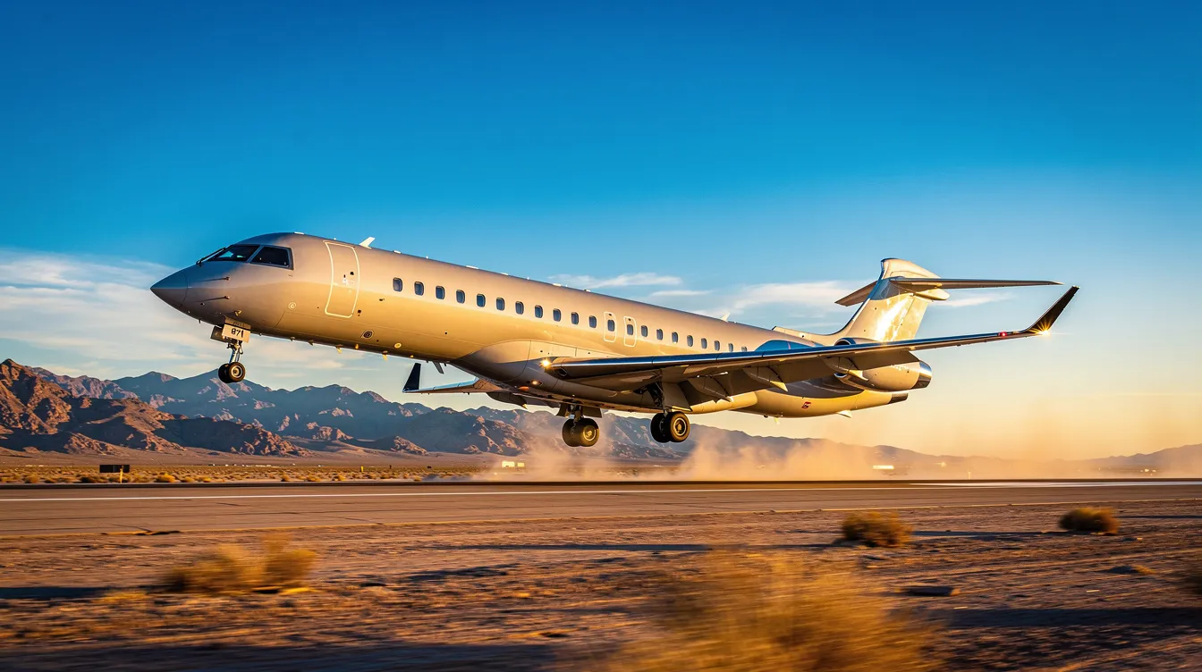 A sleek long-range business jet is landing on a desert airstrip, with majestic mountains in the background under a clear blue sky. This private aircraft represents the luxury and efficiency of business aviation, often used for official travel by high-ranking government officials.