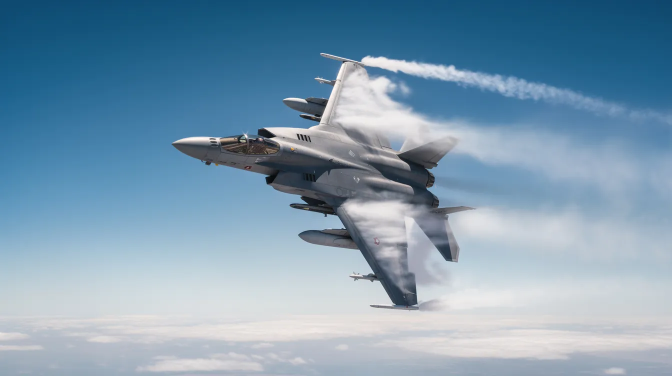 A fighter jet performs a high-G banking turn, leaving visible vapor trails streaming from its wings, showcasing its agility and power as a modern air superiority fighter. This lightweight combat aircraft is designed for air combat and tactical missions, highlighting the advanced capabilities of the US Air Force's fleet.