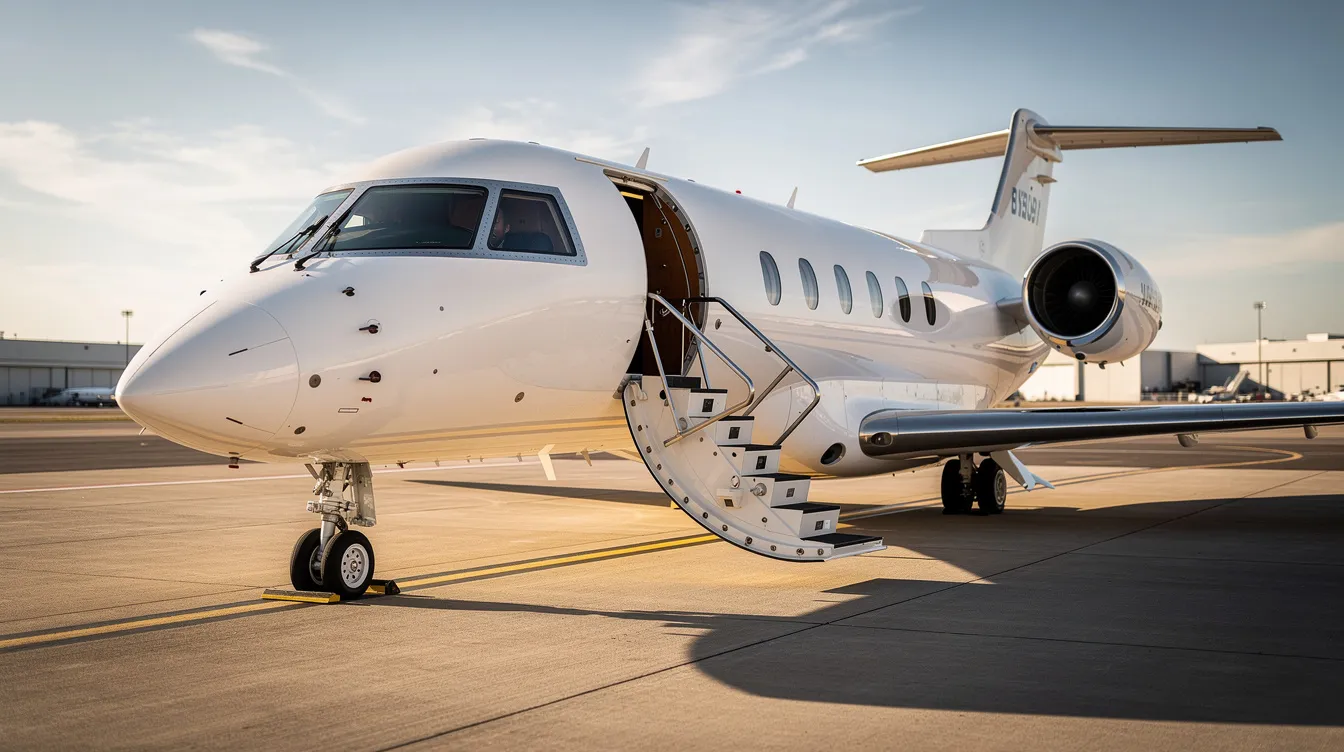 A sleek modern private jet is parked on a sunlit tarmac, with its boarding stairs extended, showcasing the advanced design typical of contemporary multirole aircraft. The aircraft's polished exterior reflects the light, highlighting its aerodynamic shape, which is characteristic of high-performance jets used by the air force.