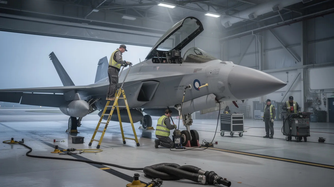 A military ground crew is seen performing maintenance on a fighter jet in a hangar, ensuring the operational readiness of this modern combat aircraft. The scene highlights the importance of ground support in maintaining the capabilities of air superiority fighters for the air force.