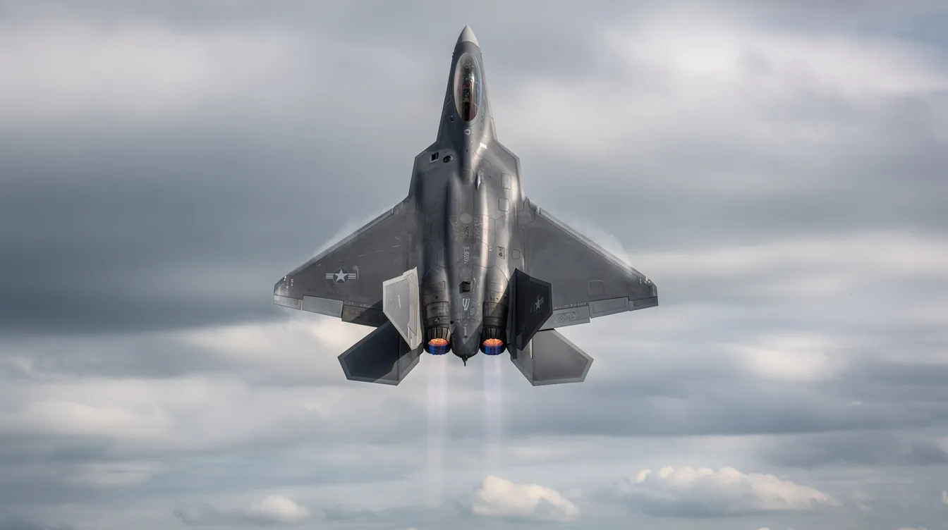 An F-22 Raptor, a state-of-the-art fighter jet known for its stealth and agility, is shown performing a steep climb against a backdrop of a cloudy sky, showcasing its impressive capabilities in air superiority missions. The aircraft, developed by Lockheed Martin, represents excellence in modern aviation and is a key asset in the operational history of the US Air Force.