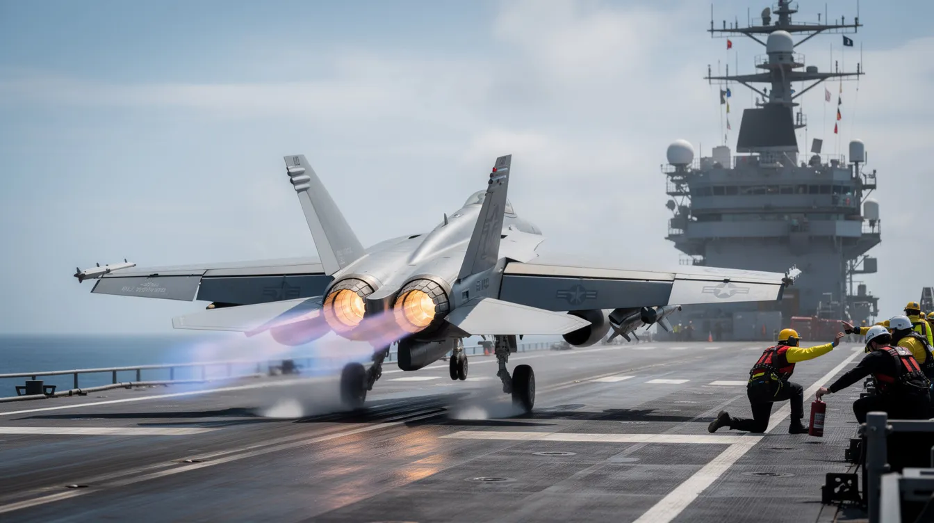 An F/A-18 Super Hornet fighter jet is seen launching from the deck of an aircraft carrier, soaring into the open ocean skies. The agile aircraft, known for its air superiority capabilities, exemplifies the excellence of modern naval aviation.