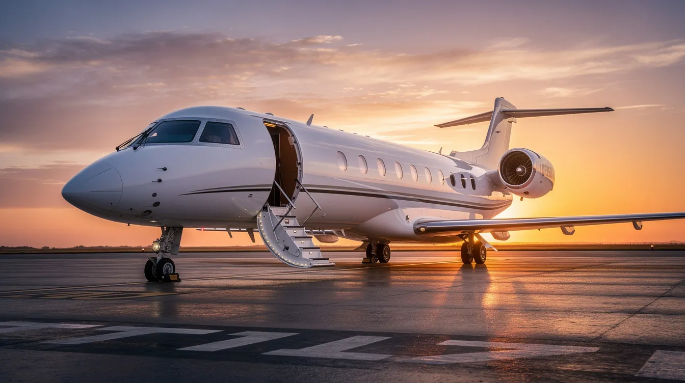A sleek private jet, emblematic of the American Eagle brand, is positioned on a runway at sunset, with its cabin door open and stairs extended, ready for passengers to board. The warm hues of the sunset create a picturesque backdrop, highlighting the aircraft's elegance and the anticipation of an upcoming flight.