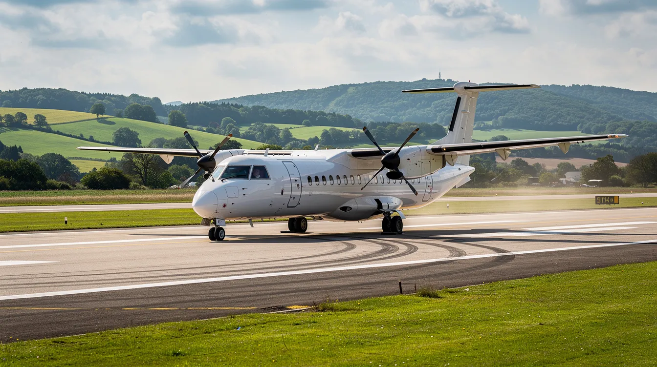 A small turboprop aircraft from the American Eagle fleet is positioned on a regional airport runway, surrounded by lush green landscape. This aircraft, commonly used for regional flights, represents the American Airlines Group's commitment to connecting passengers to various destinations.