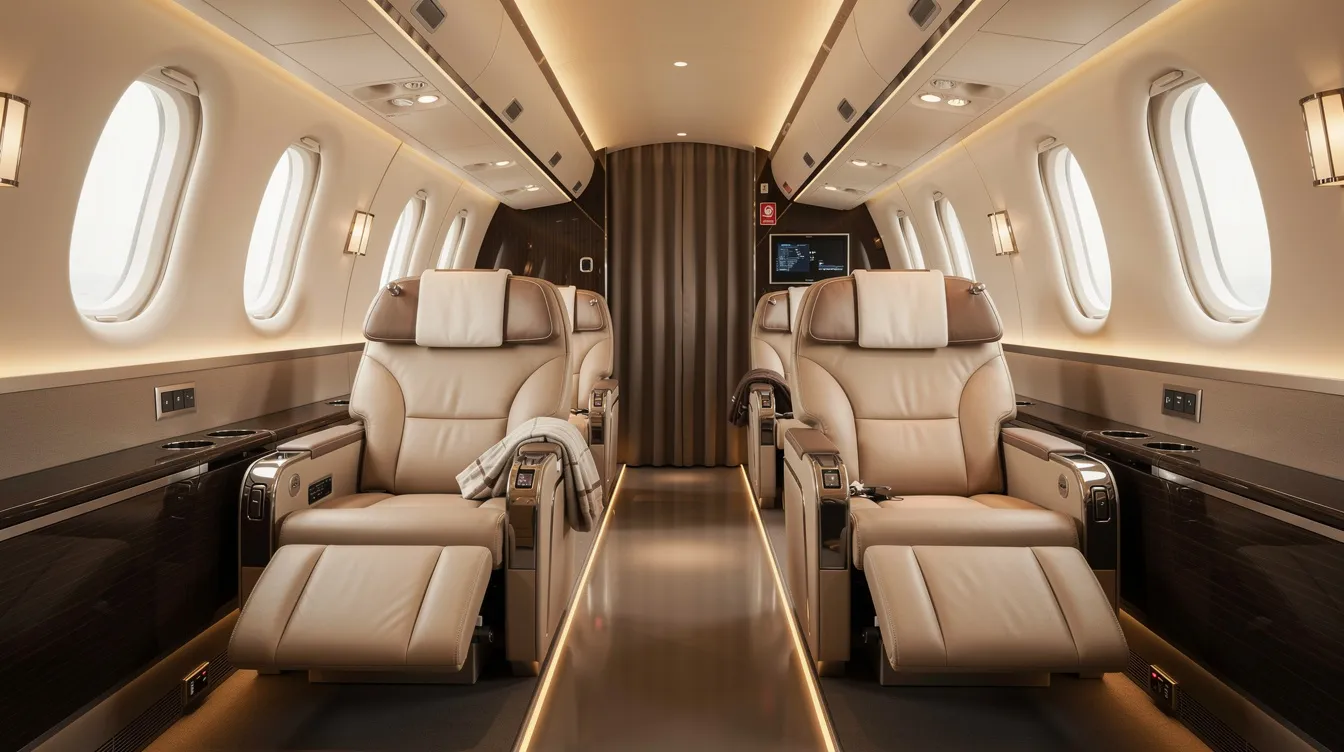 The interior of a chartered commercial aircraft features spacious leather seating arranged for comfort, complemented by warm cabin lighting that creates an inviting atmosphere for passengers. This setting is ideal for business travel, offering a luxurious experience distinct from scheduled flights.