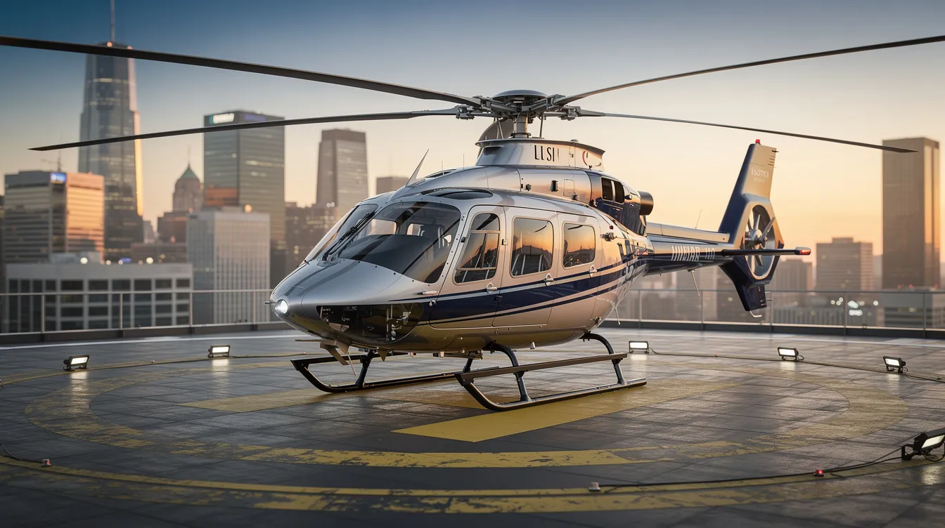 A close-up view of a twin-engine corporate helicopter parked on a rooftop helipad, with a bustling city skyline in the background, highlighting the convenience of private helicopter travel for swift transfers in urban areas. This image represents the premium service offered by helicopter charter services, ideal for business travelers seeking direct access to major cities.