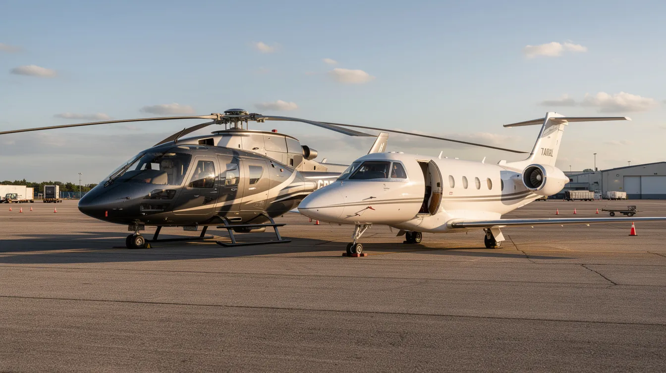The image shows a helicopter and a small private jet parked side by side on a tarmac at a regional airport, highlighting the options for private air travel. This scene emphasizes the convenience of helicopter charter services and private jets for quick city transfers and bypassing traffic.