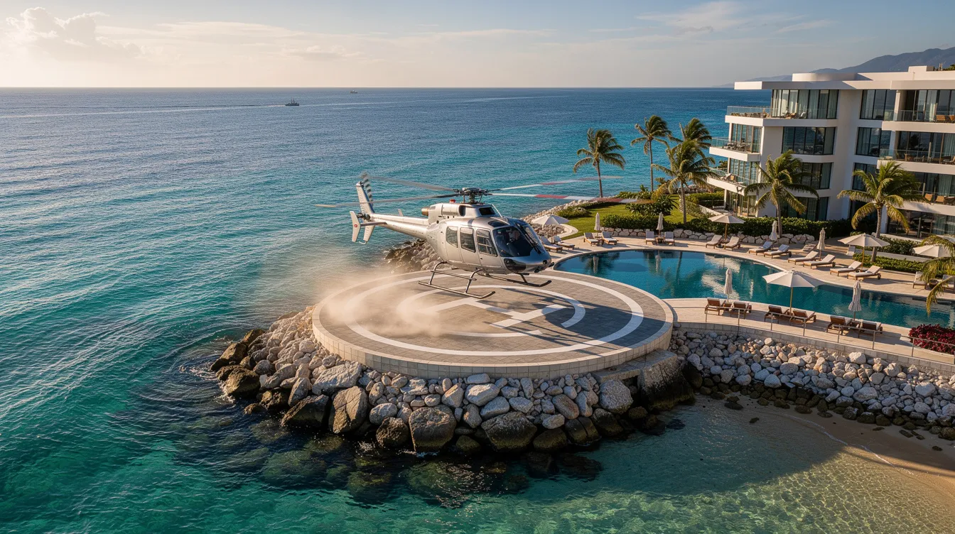 A twin-engine helicopter is landing on a coastal helipad next to a luxurious resort, with stunning turquoise water in the background. This scene captures the essence of private helicopter travel, offering a time-saving solution for swift transfers to remote destinations.