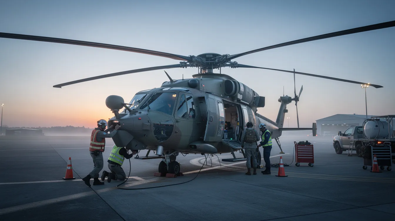 A modern CH-47 Chinook helicopter, known for its heavy lift capability, is stationed on a runway at dawn, with ground crew members preparing it for a mission. The tandem rotor helicopter, equipped with extended range fuel tanks, is ready for demanding operations such as troop transport and disaster relief.