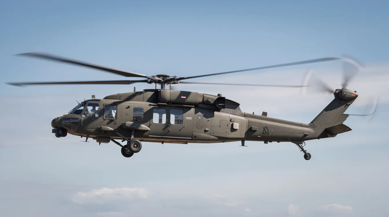 A tandem rotor military helicopter, specifically the CH-47 Chinook, is captured in flight from a side profile view, showcasing its spinning rotor discs. This heavy lift helicopter is known for its impressive lift capacity and is often utilized in disaster relief and troop transport missions by the United States military.
