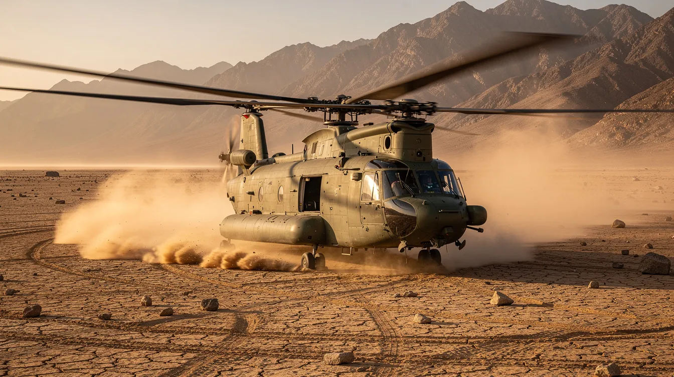 A military twin-rotor CH-47 Chinook helicopter flies low over a dusty desert landscape, with rugged mountains in the background, showcasing its heavy lift capability and robust design, essential for troop transport and disaster relief operations. The helicopter's powerful engines and tandem rotor configuration enable it to perform effectively in demanding environments.