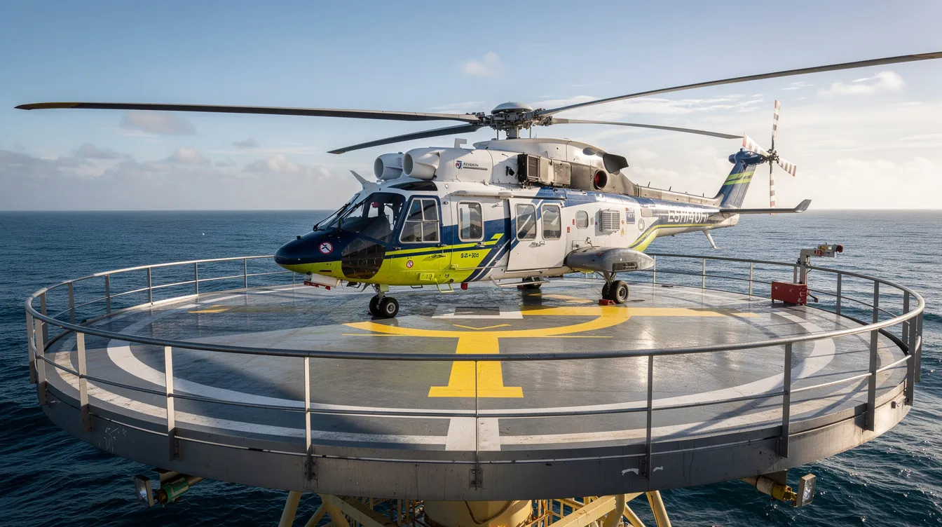 A large twin-engine helicopter is parked on an offshore helipad, with the vast ocean stretching out in the background, showcasing its capability for helicopter operations and potential passenger capacity for various group sizes. The scene highlights the aircraft's size and readiness for specific missions, offering panoramic views for sightseeing tours.
