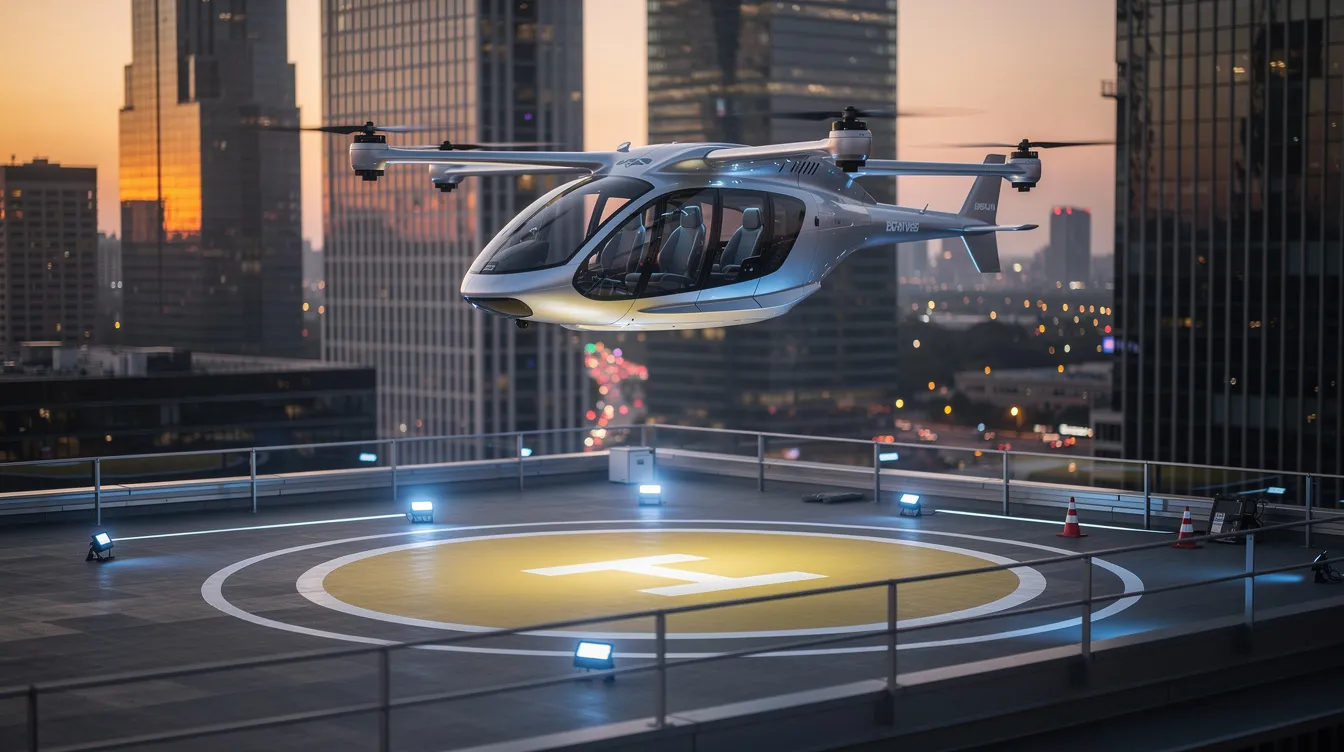 A futuristic electric air taxi aircraft is hovering above a modern city rooftop landing pad, showcasing its sleek design and advanced technology. This aircraft type is part of the evolving helicopter operations aimed at accommodating urban transportation needs, offering a new way to navigate crowded urban areas.