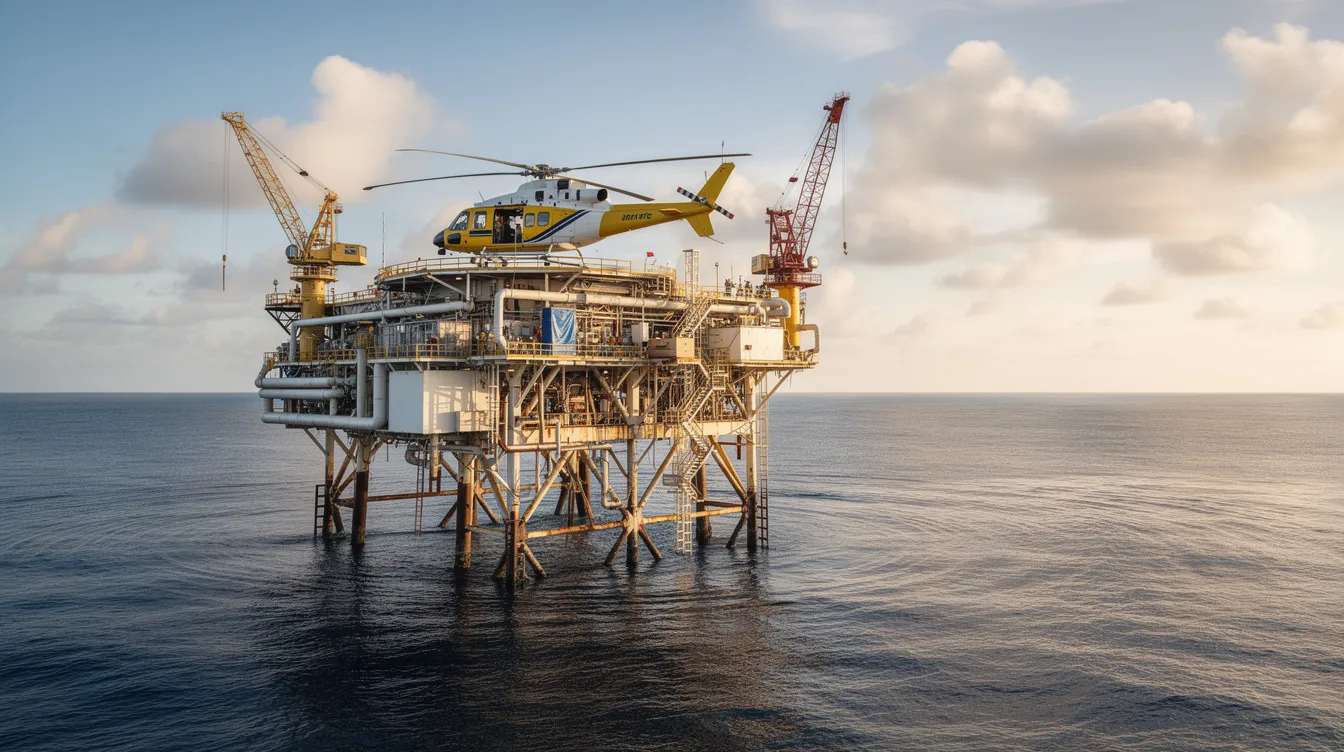 An offshore oil platform stands prominently in the ocean, featuring a helicopter on its landing pad, highlighting the critical aviation services provided for maintenance and safety operations. The scene reflects the mission of resource management and the coordination required for pilots and their fleet in this remote environment.
