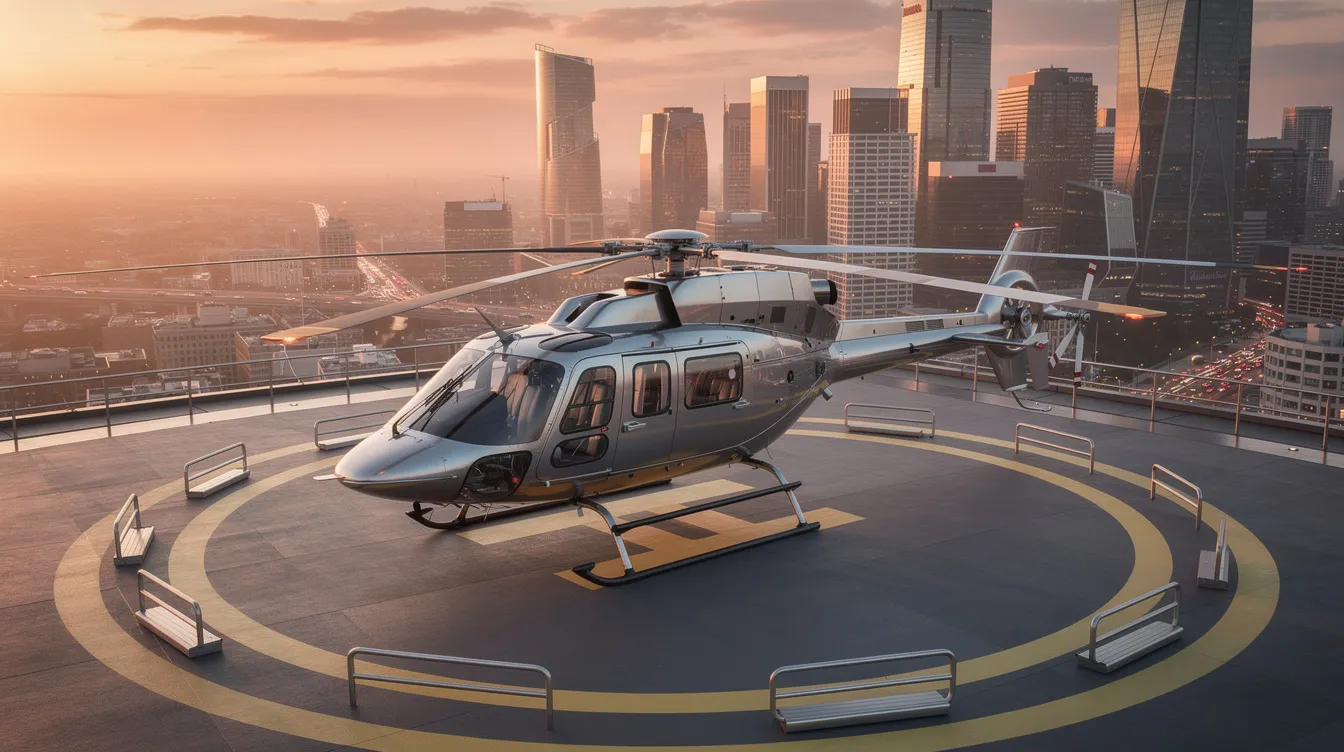 A sleek twin-engine helicopter is parked on a rooftop helipad, with a bustling city skyline visible in the background. This aircraft represents the pinnacle of aviation safety and maintenance, serving government missions and providing essential services to meet the needs of thousands of people.