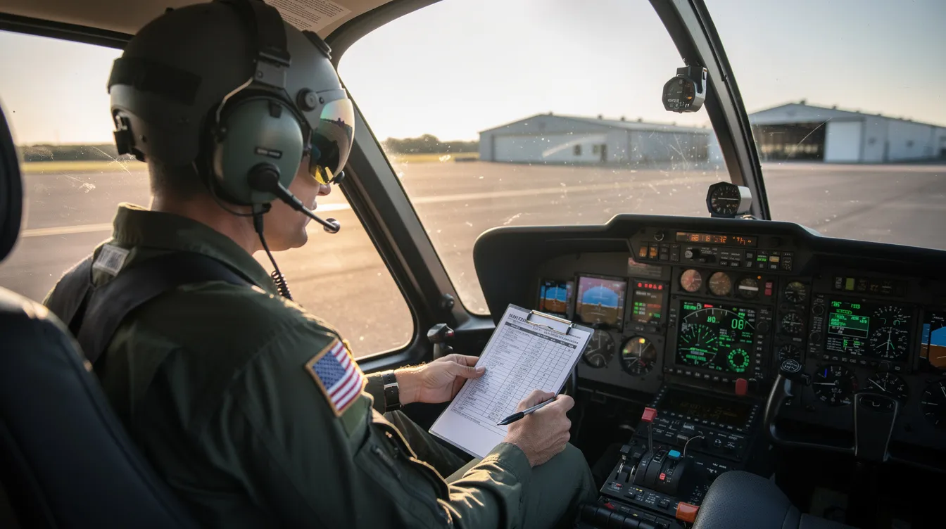 A pilot is conducting pre-flight checks inside a helicopter cockpit, ensuring all systems meet safety regulations for aviation. This meticulous maintenance process is crucial for the mission readiness of the fleet and reflects the pilot's experience and commitment to providing reliable aircraft services.