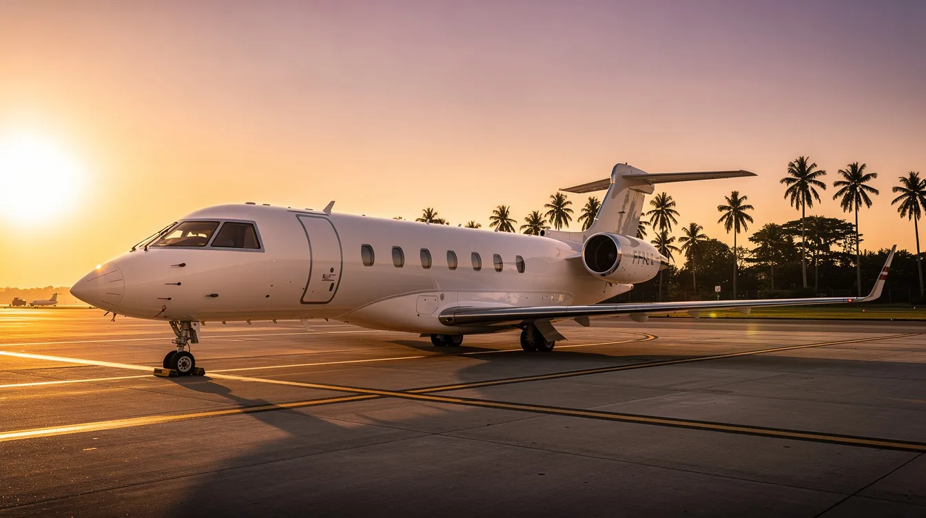A luxurious private jet is parked on the tarmac at sunset, with vibrant hues of orange and pink lighting up the sky, while palm trees sway gently in the background, characteristic of Miami Beach. This scene captures the essence of elegant travel, perfect for those seeking private jet charters in South Florida.