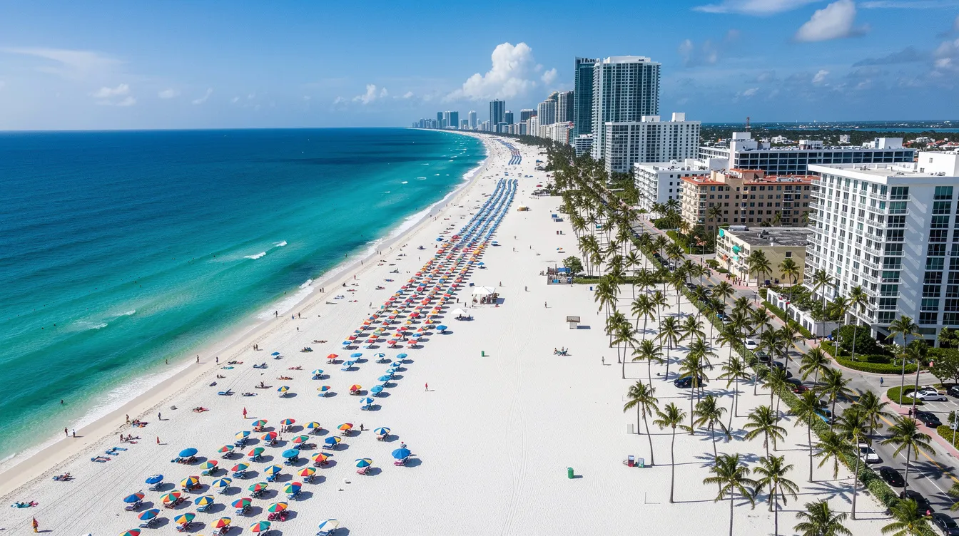 An aerial view of Miami Beach showcases the stunning turquoise waters gently lapping against the white sandy coastline, with the vibrant South Beach area visible in the distance, perfect for luxury travel and private jet charters to the world's most desirable destinations. This picturesque scene captures the essence of South Florida's allure, inviting passengers to enjoy a dream getaway.