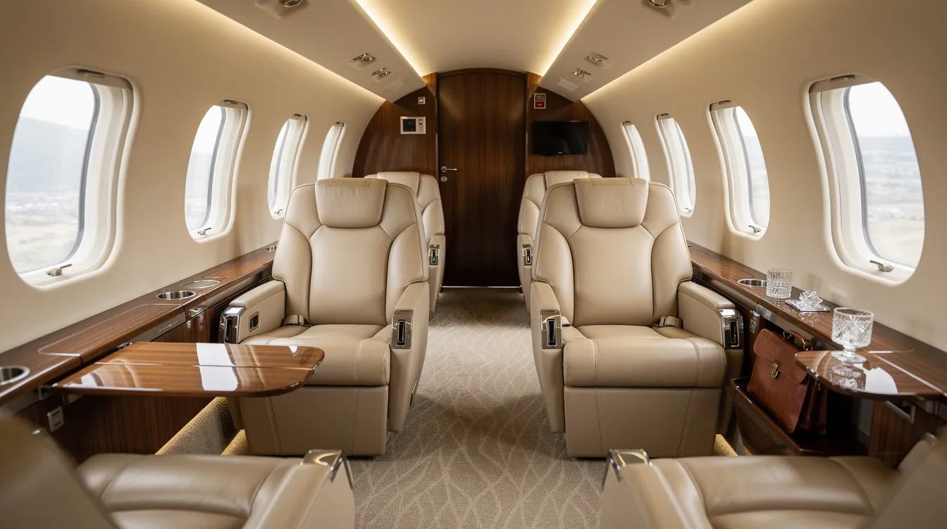 The image depicts the interior of a spacious private jet cabin featuring luxurious leather seats and warm ambient lighting, creating an inviting atmosphere for passengers. This elegant setting embodies the comfort and style associated with private jet charters, making it ideal for travelers seeking a premium flying experience.