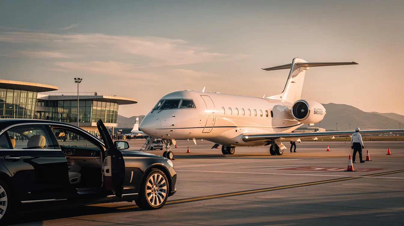 The image showcases a sleek private jet on the runway, highlighting the luxurious design typical of private aviation. It emphasizes the spacious cabin and the convenience of private jet travel, which offers guaranteed access and predictable pricing for those considering private jet charter options.